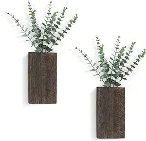 Dahey 2 Pack Wood Wall Planter Vase with Artificial Eucalyptus Farmhouse Wall Hanging Decor Pocket Planter for Indoor Fake Plants Greenery, Living Room Bedroom Kitchen Home Office Decoration