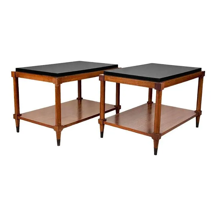 Mid-Century Lane Walnut Black Top Tiered End Tables - a Pair
