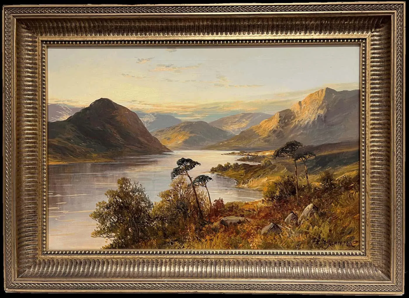 F. E. Jamieson Antique Scottish Highlands Sunset over the Loch Landscape Signed Oil Painting 1920's