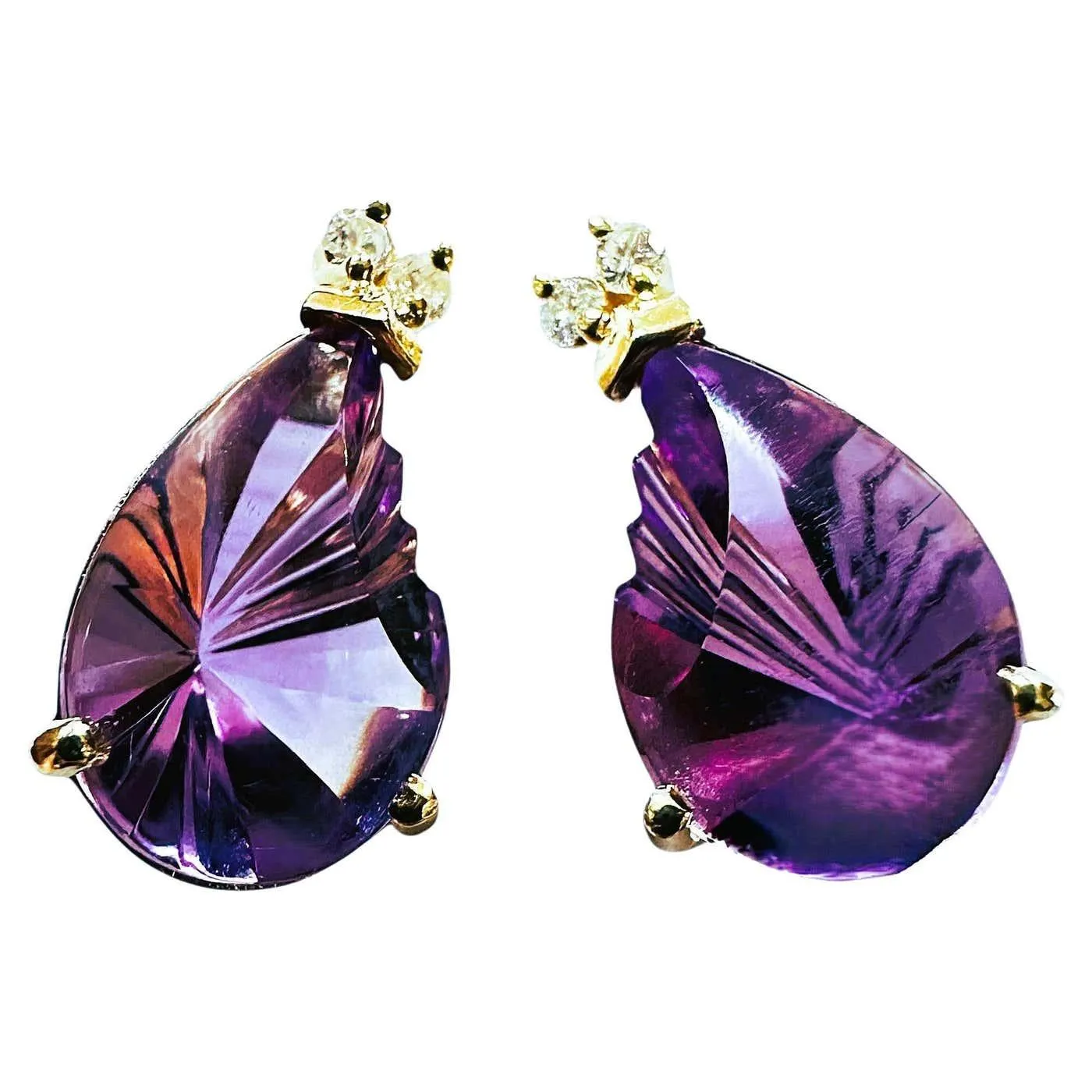 14k Y Gold 6 Carat Fantasy Cut Amethyst & .06 Carat Diamond Handmade Earrings