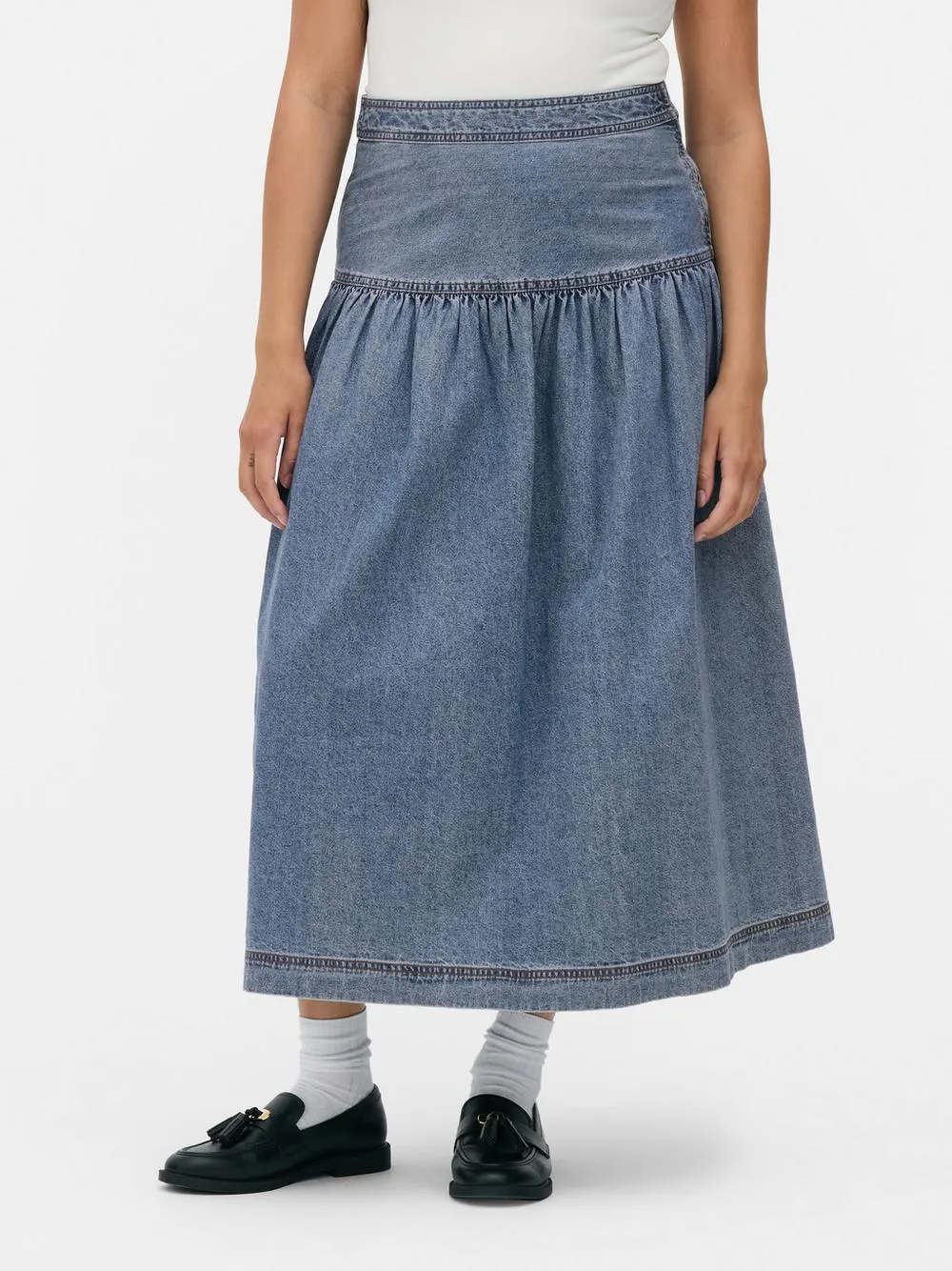 Denim Flare Midi Skirt