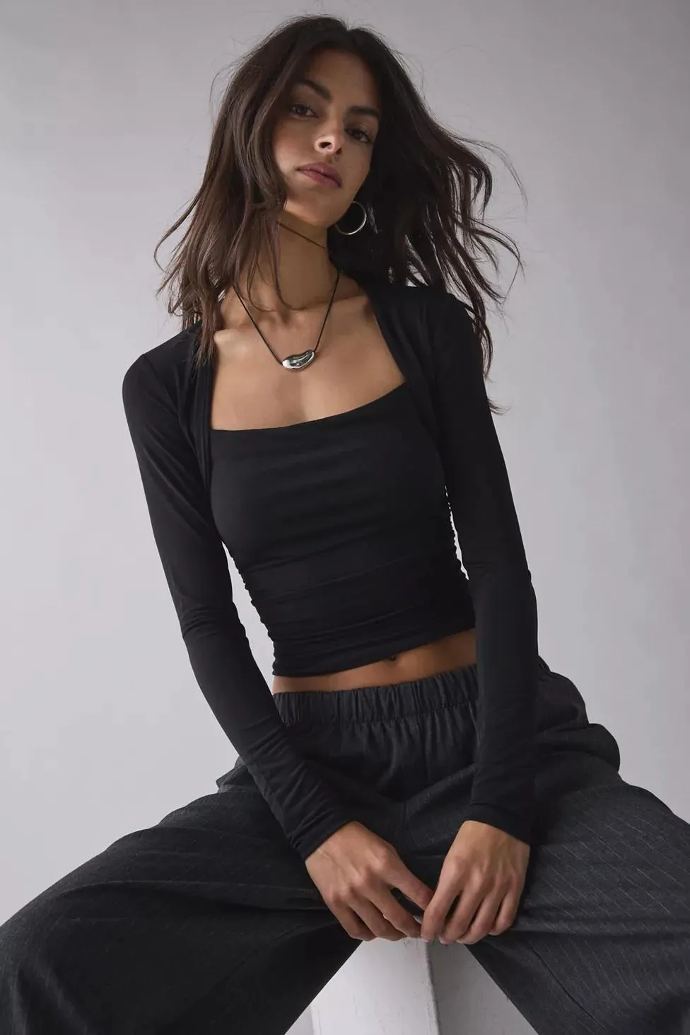 UO Claire Cropped Long Sleeve Shrug Top