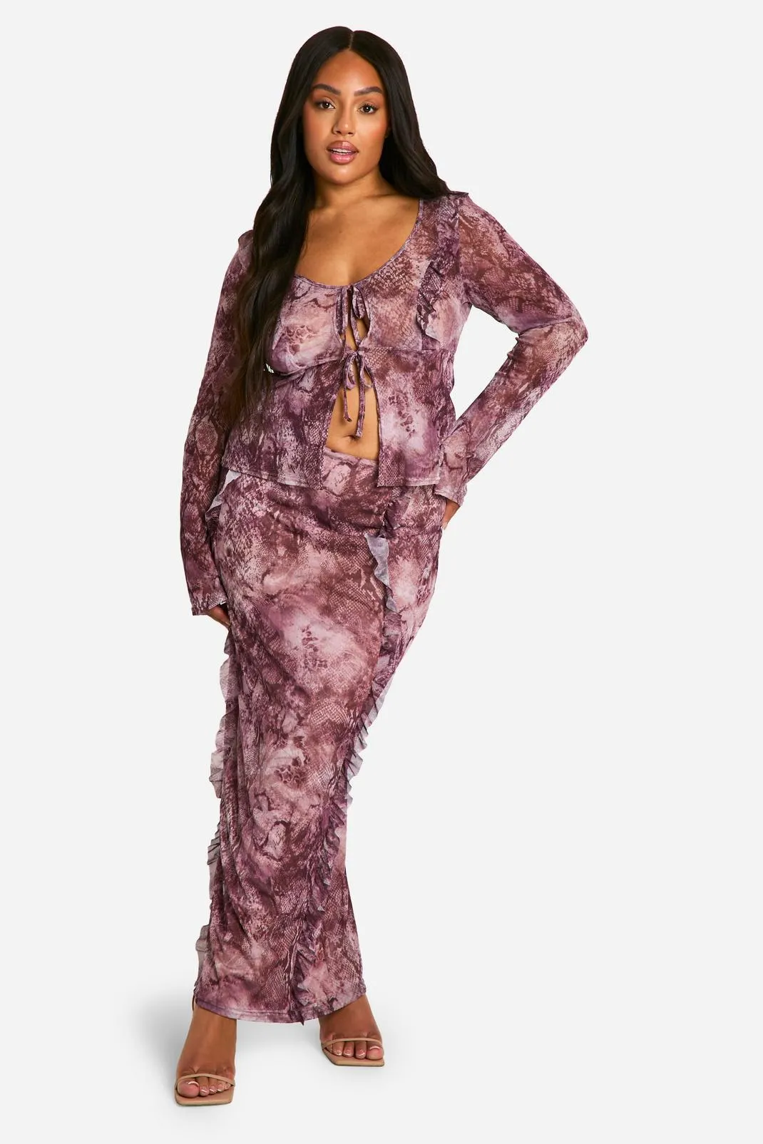 Plus Snake Print Mesh Ruffle Top & Maxi Skirt Co Ord