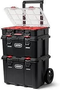 Keter Stack-n-Roll Modular Tools Organizer for Garage Storage and DIY, 3 Piece Resin Rolling Tool Box System for Small Parts