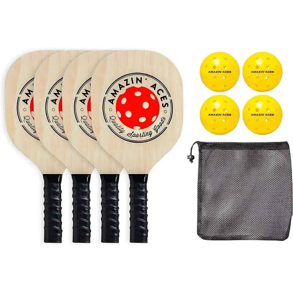 Amazin’ Aces Classic Wood Pickleball Paddle Set, Set of 4