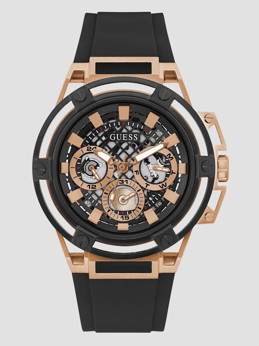 Rose Gold-Tone and Black Silicone Multifunction Watch