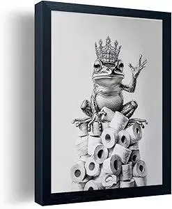 Framed Bathroom Decor Wall Art Wear Crown Frog Toilet Paper Pile - Playful Bathroom Wall Decor Animal Art Black and White Canvas Wall Art Print can be Hung Directly - Frame, 8 "x 10"