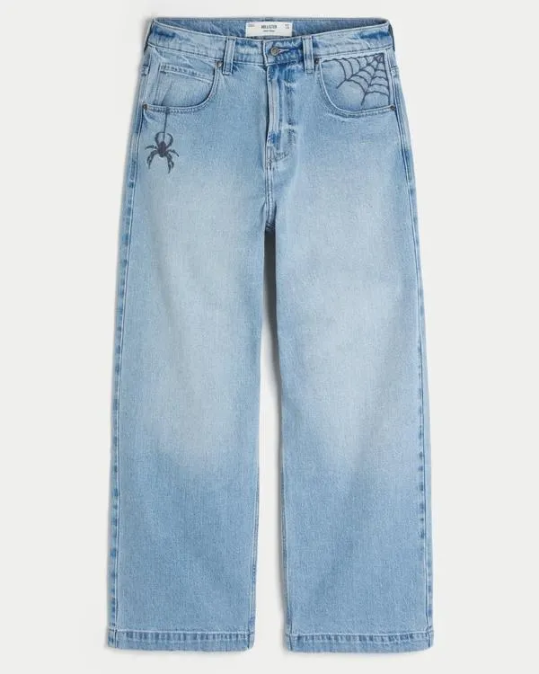 Light Wash Spider Graphic Super Baggy Jeans