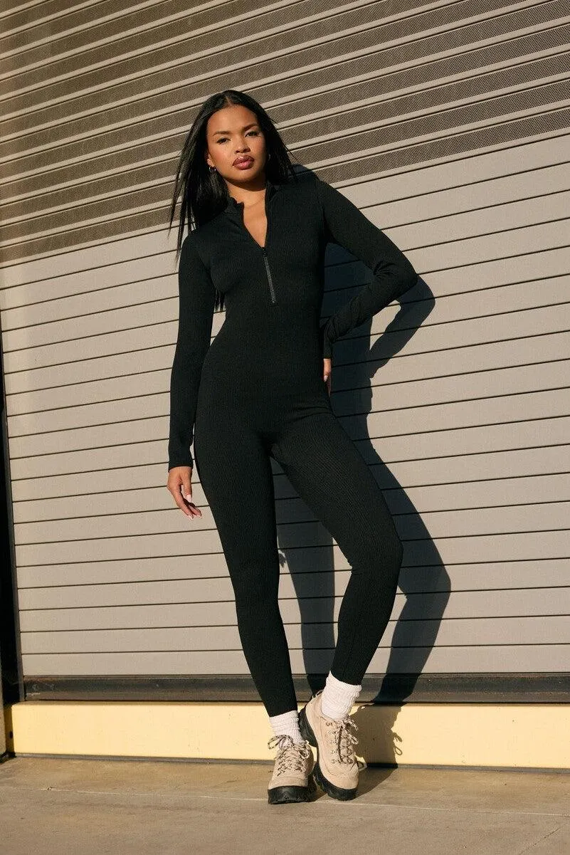 Seamless Ribbed Zip-Front Jumpsuit