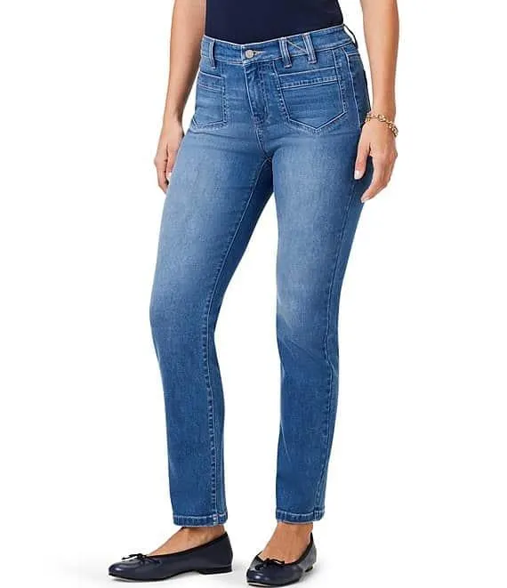 Mid Rise Straight Leg Patch Pocket Denim Ankle Jeans