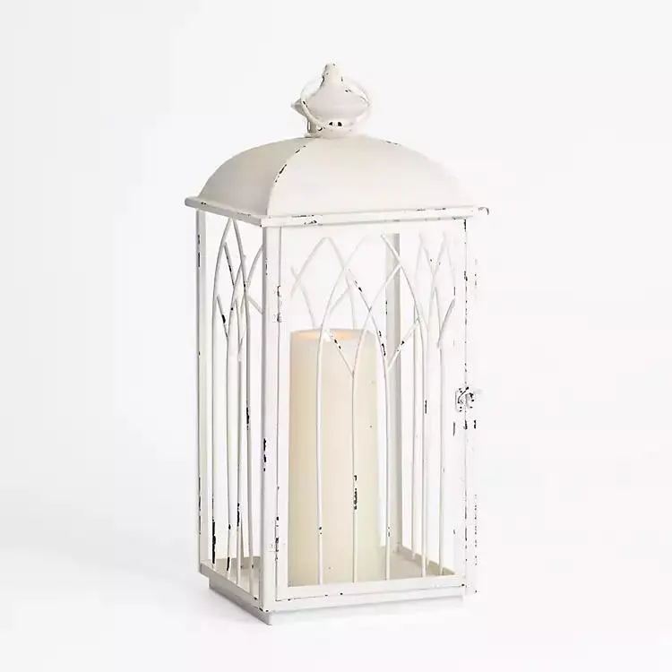 Distressed White Cathedral Iron Lantern, 21 in.