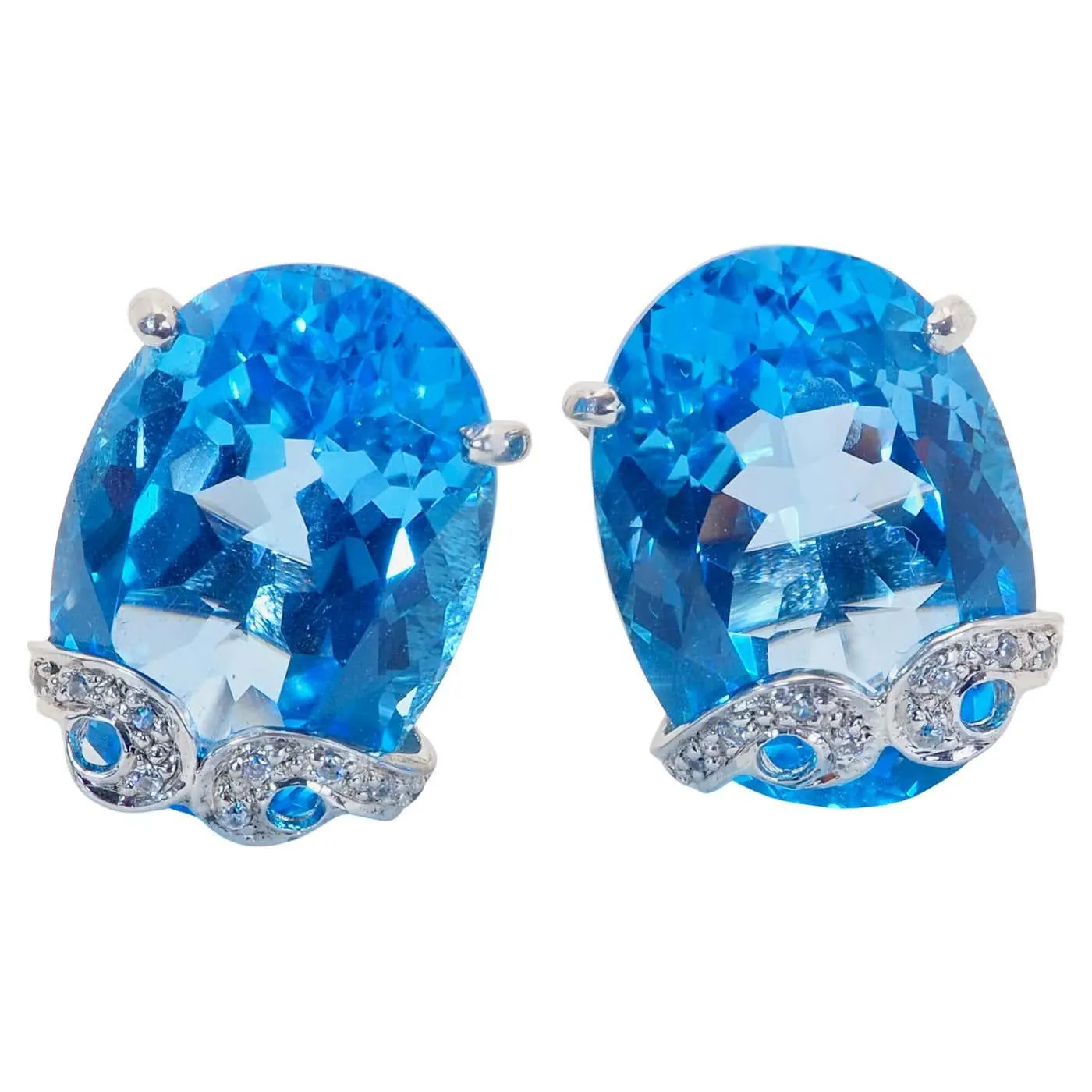 Sterling Silver Big 32.02ct Oval Blue Topaz & White Quartz Stud Earrings
