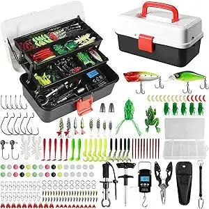 3 Layers Fishing Tackle Box, 213Pcs Fishing Lures Kit with Small Fishing Tool Kit Containing Weights Scale, Lip Clip, Hook Remover, Fishing Accessories, Fishing Gear for Beginners Kids, Men, Adults