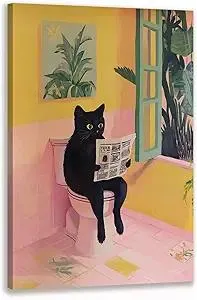 Cyebmo Funny Bathroom Wall Art, Cute Black Cat Sitting on Toilet Reading Newspaper Wall Decor, Whimsical Pink Abstract Animal Wrapped Canvas Artwork for Bathroom Kid's Restroom Bedroom 12x16 Inch