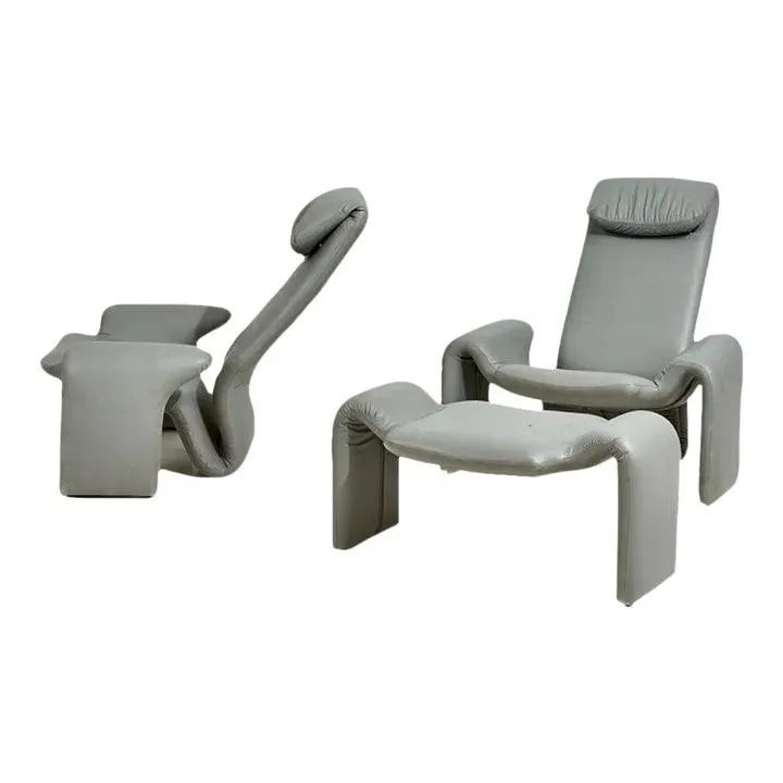 Gray Leather Lounge Chairs and Ottoman by Steve Leonard for Brayton Intl, 1980