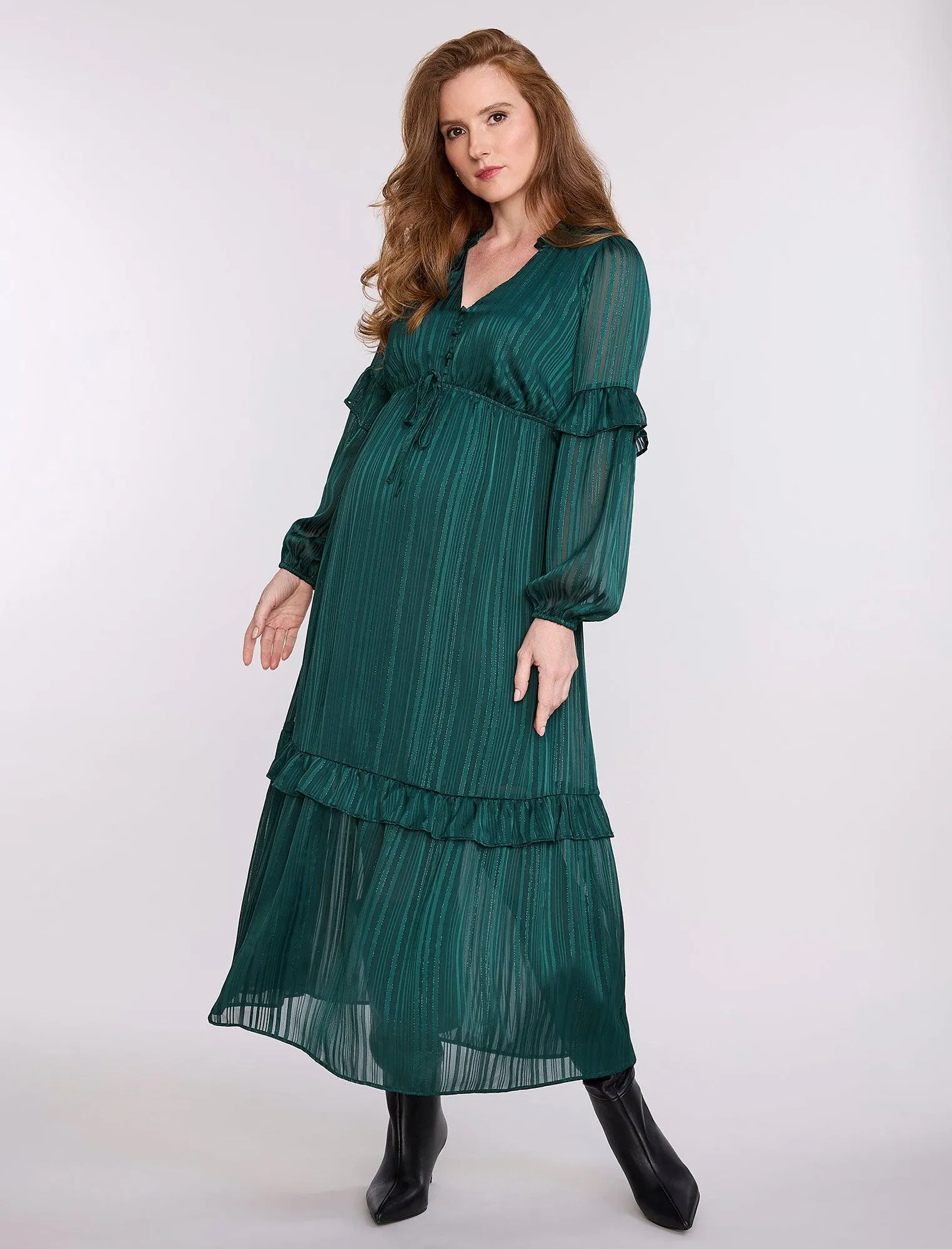 Long Sleeve Tiered Maxi Dress with Drawstring