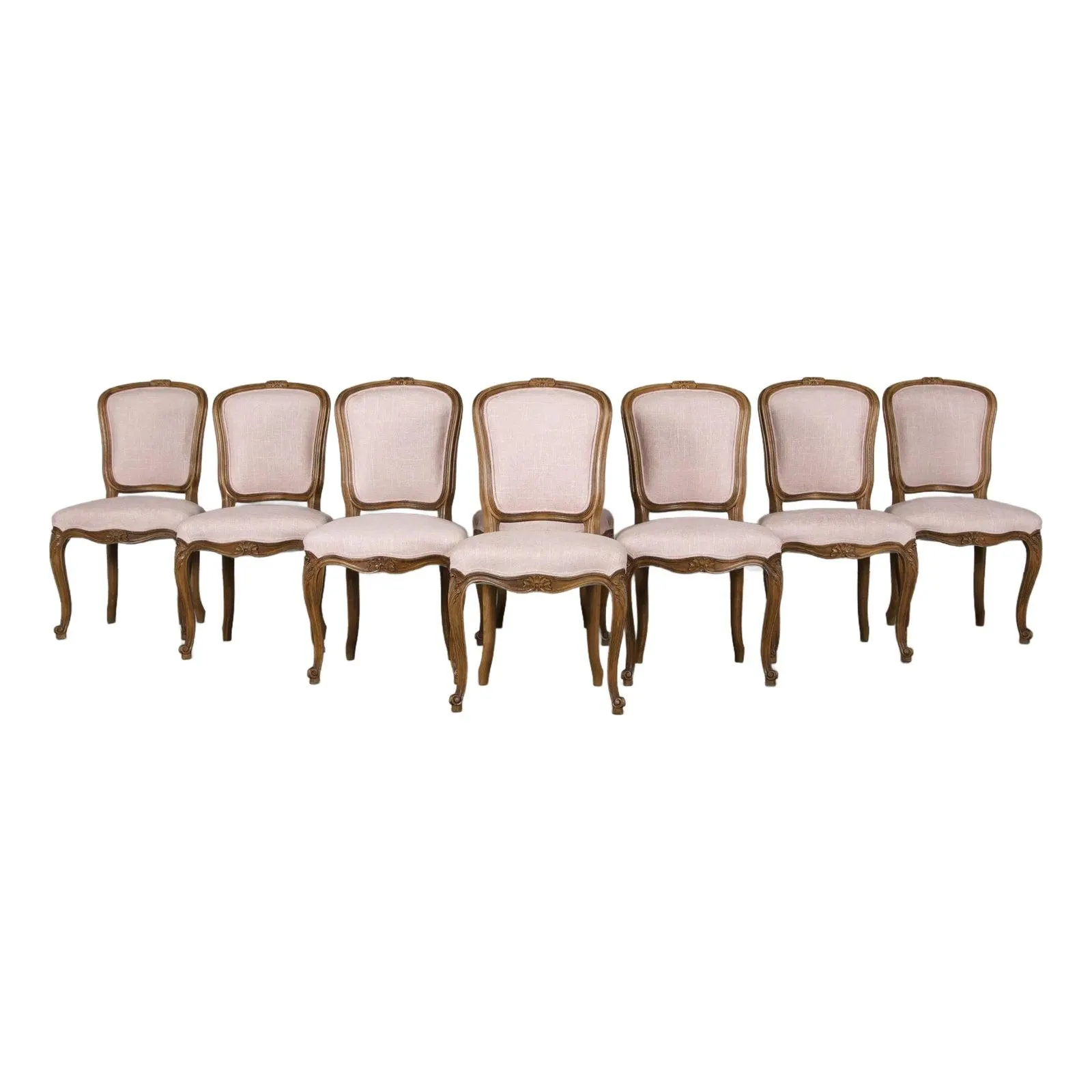 French Louis XV Style Maple Dining Chairs in Blush Pink - Set of 8