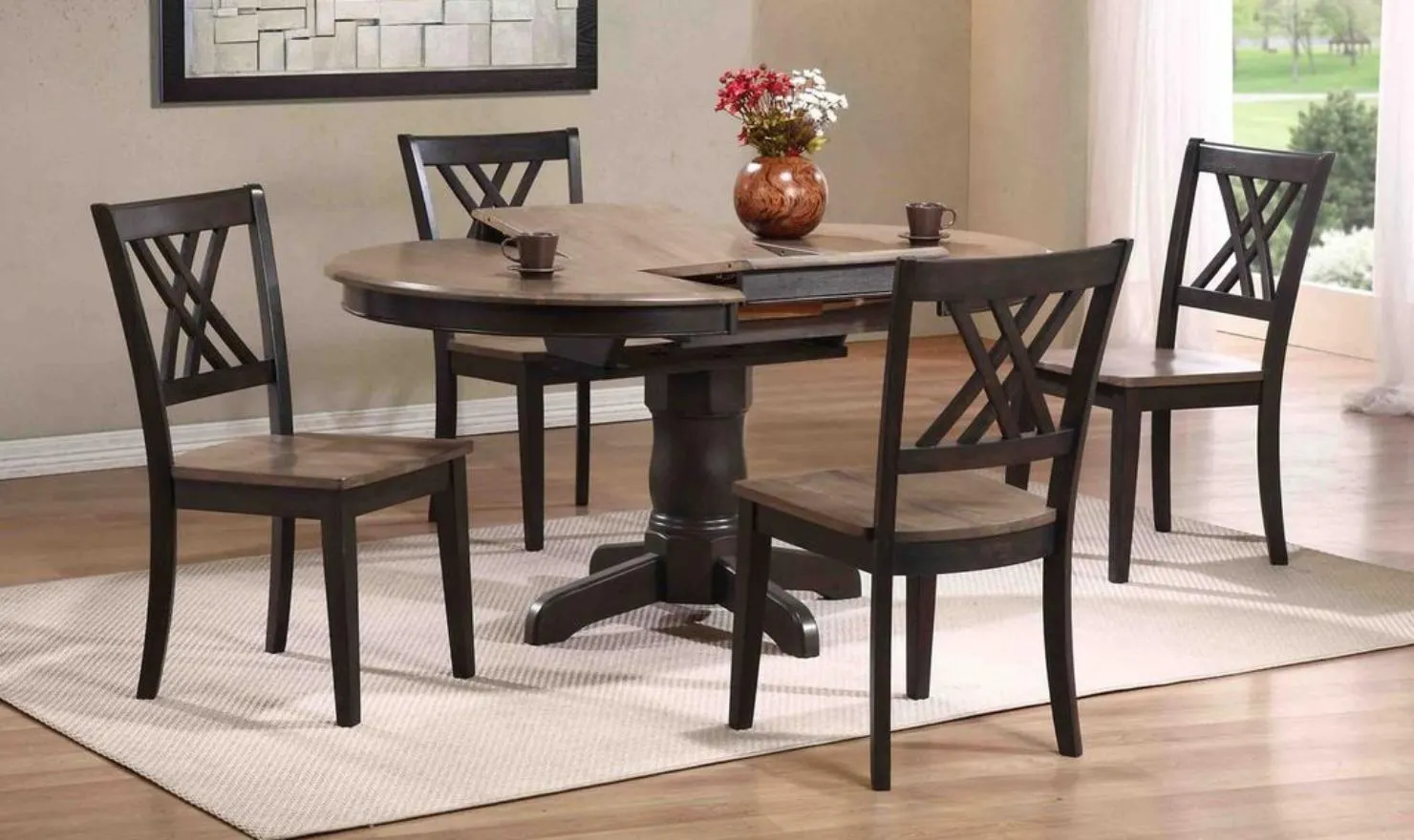Iconic Furniture Antique Gray Blackstone 5pc Round Dining Set With Double X-Back Chairs