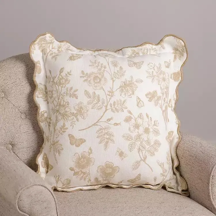 Taupe Botanical Toile Scalloped Pillow