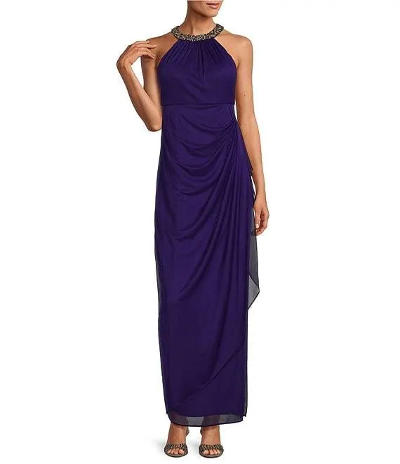 Sleeveless Beaded Halter Neck Cascading Ruffle Detail Mesh Dress