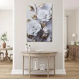 VADCAD Flower Canvas Wall Art White and Gold Floral Pictures Canvas Prints Wall Art for Living Room Bedroom Bathroom Home Office Decoration Painting Artwork 48"x32"
