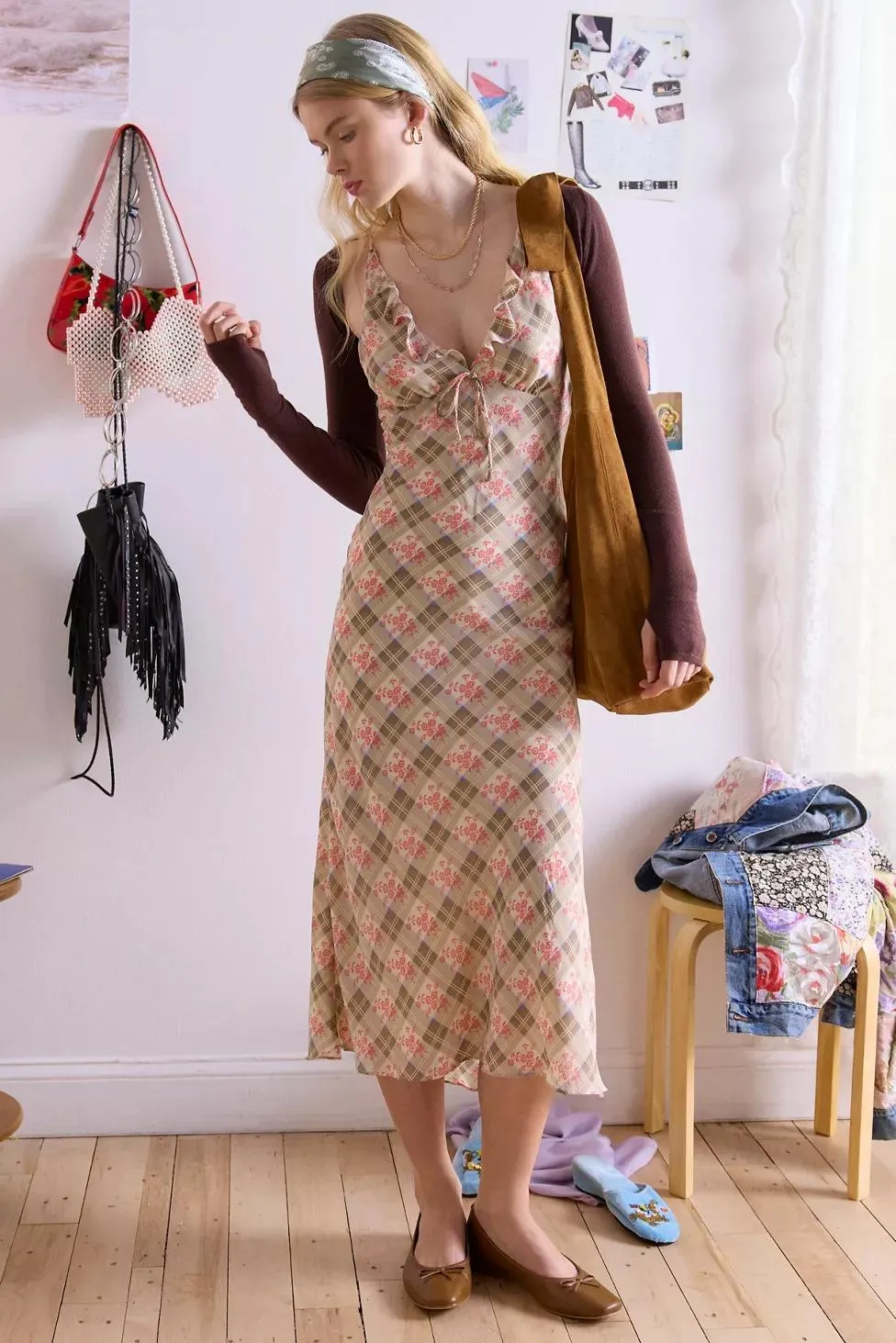 Kimchi Blue Scarlet Printed Ruffle Trim Midi Dress