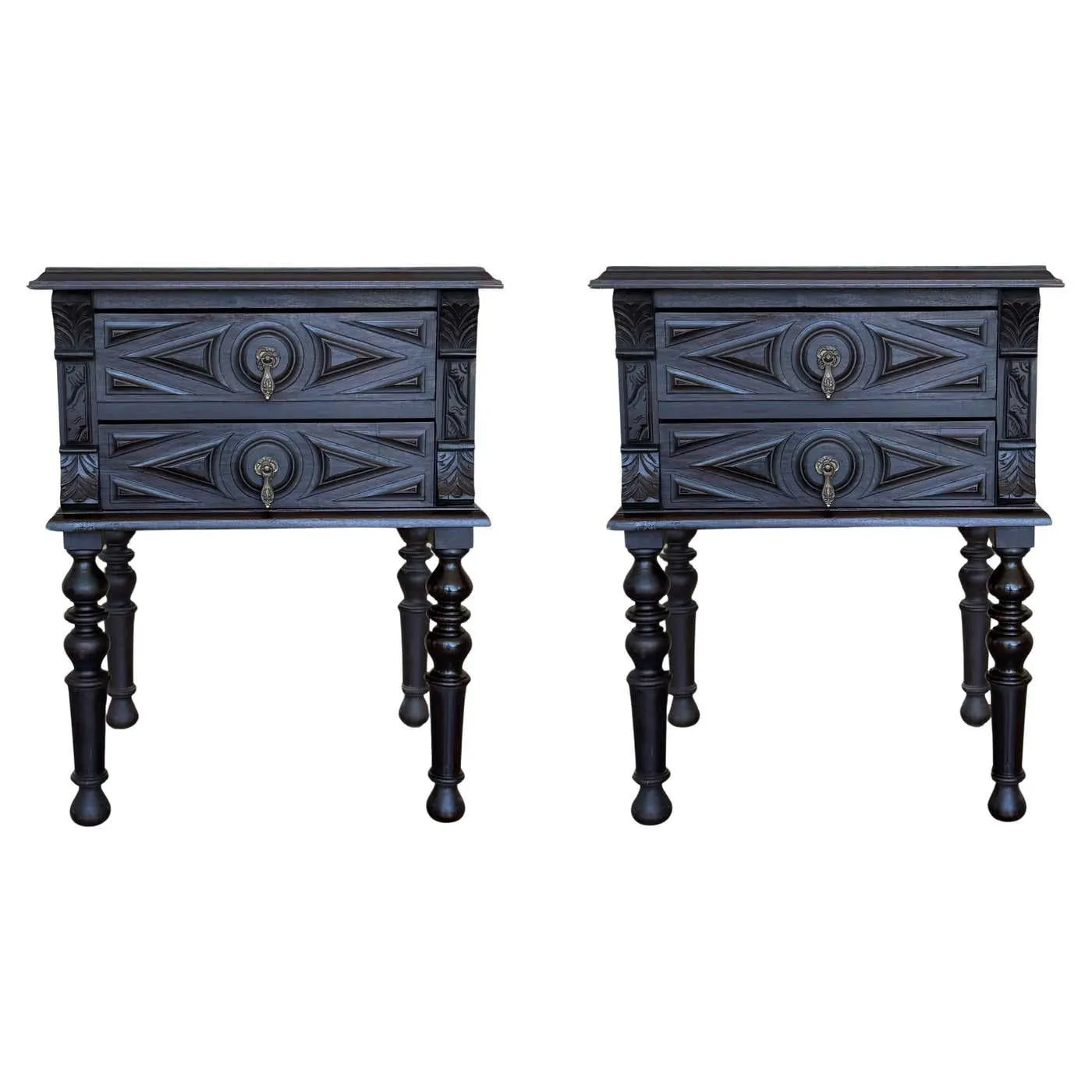 20th Pair of Black Spanish Nightstands with Two Drawers and Iron Hardware