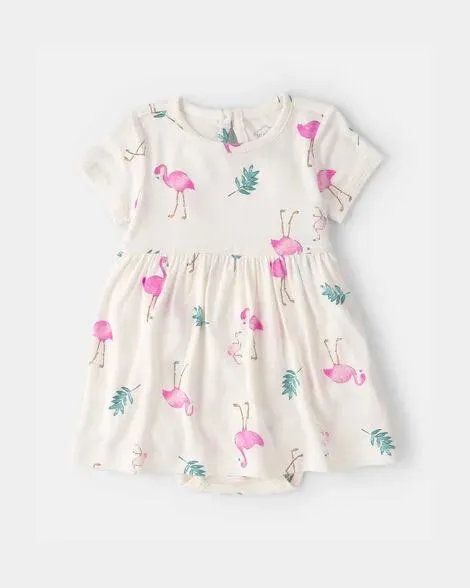 Baby Girl Flamingo PurelySoft Short-Sleeve Bodysuit Dress - Ivory