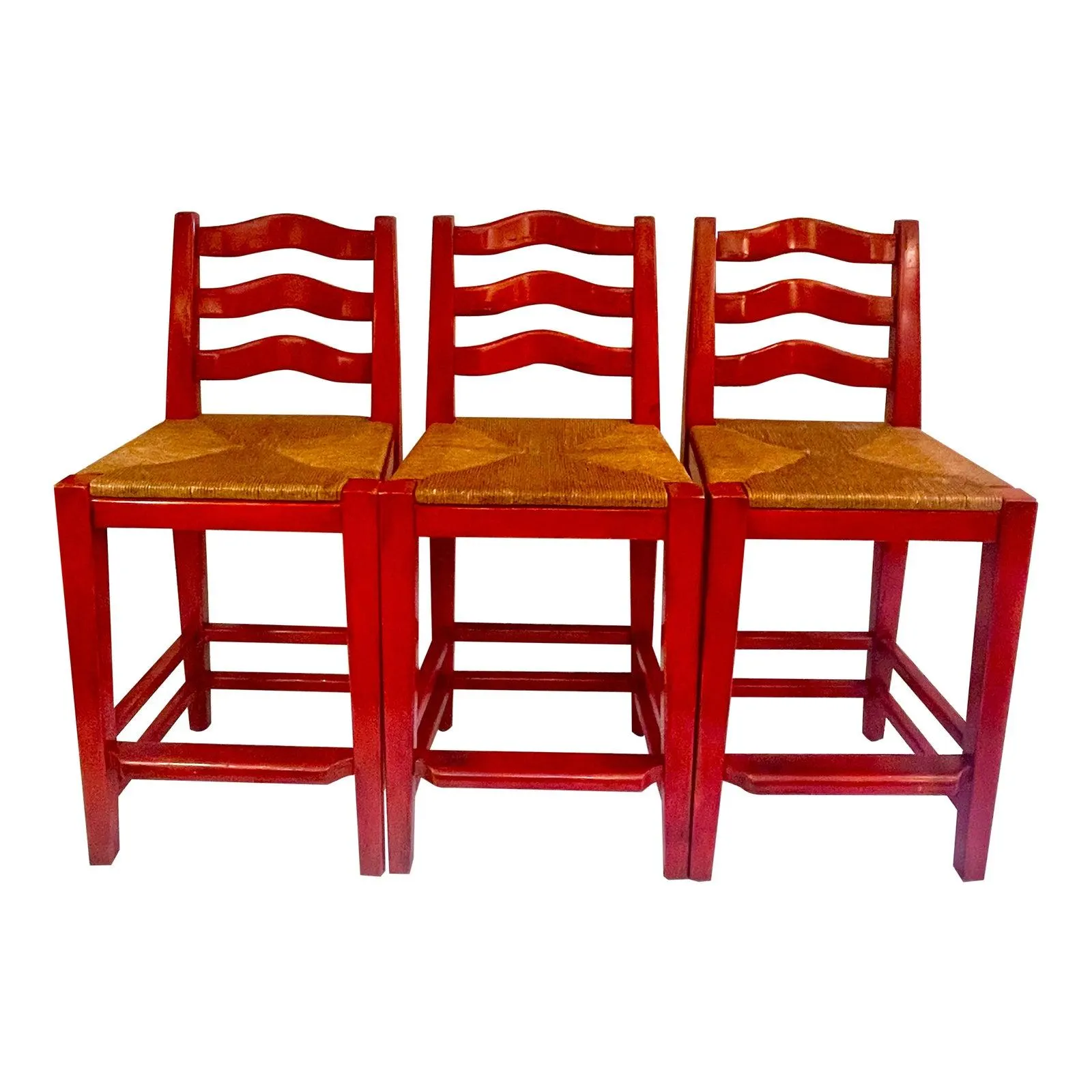 Set of 3 Wooden Counter Stools Painted Red