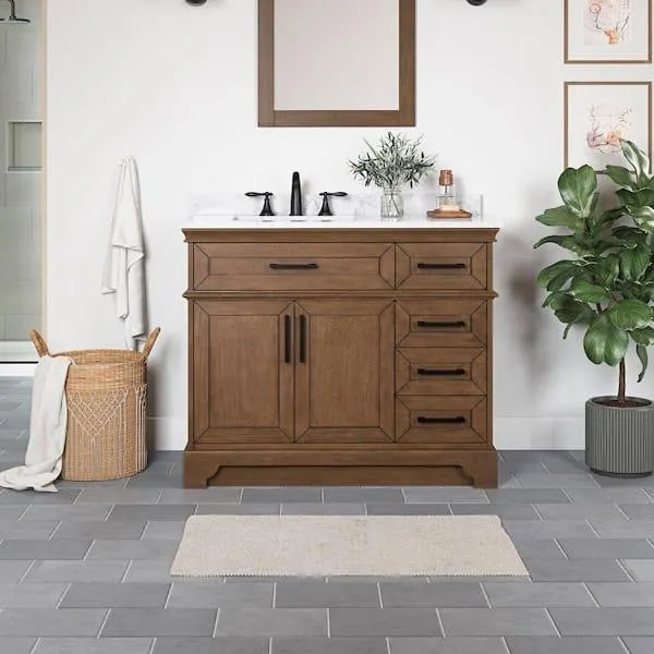 Cherrydale 42 in. Single Sink Almond Latte Bath Vanity with White Engineered Marble Top (Assembled)