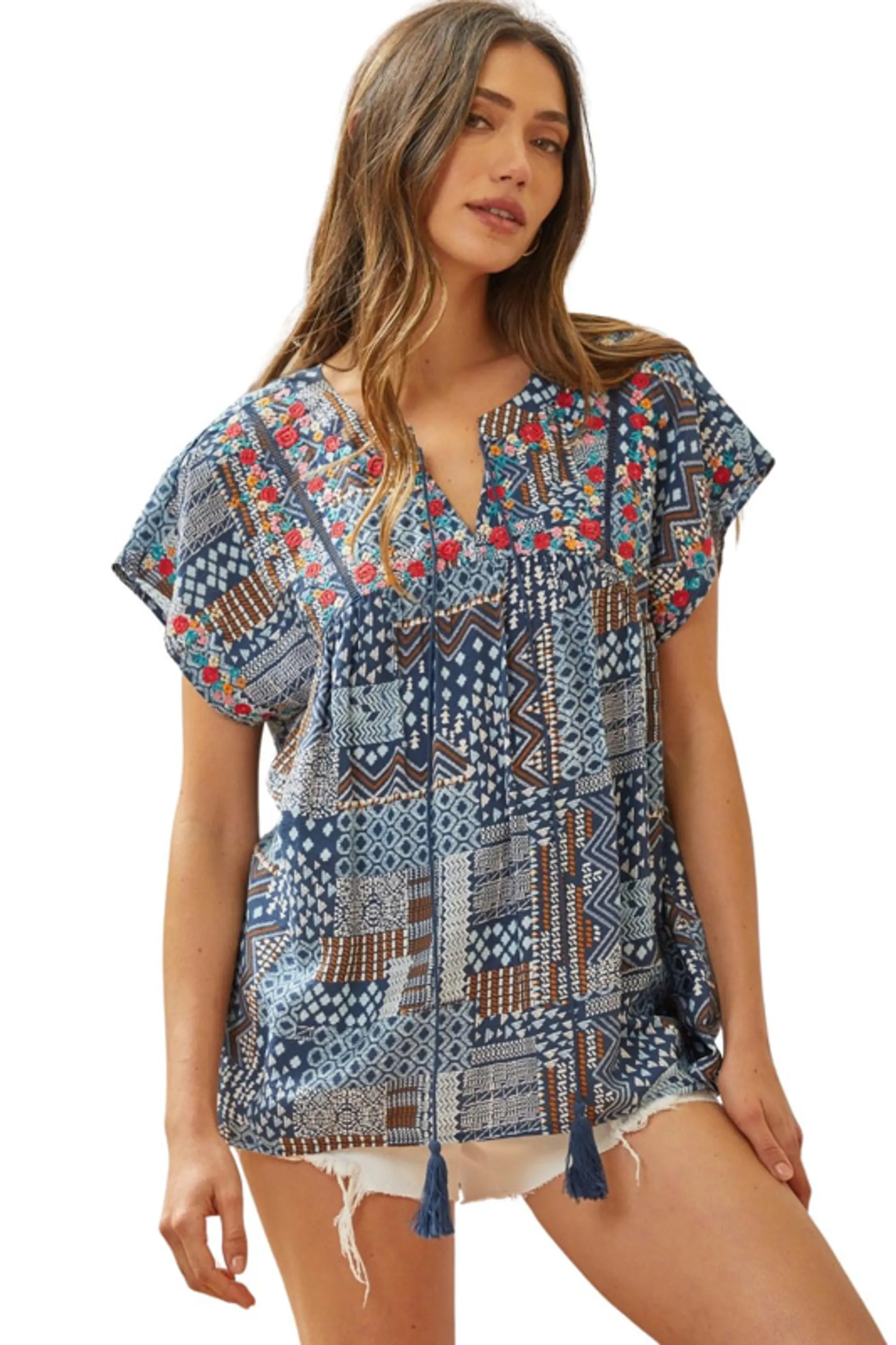 Savanna Jane Women's Navy Quilted Pattern Short Sleeve Babydoll Top