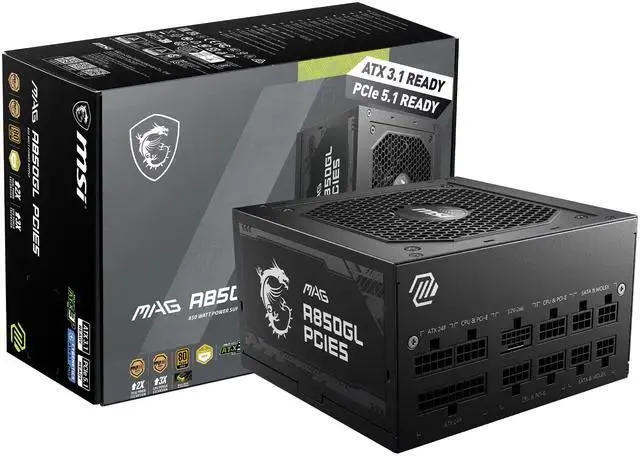 MSI - MAG A850GL PCIE5, 80+ GOLD Fully Modular Gaming PSU, 12V-2x6 Cable,ATX 3.1 & PCIE 5.1 Ready, 850W Power Supply, 10 Year Warranty