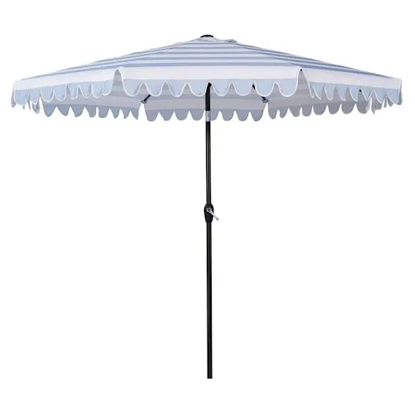 Chambray & White Cabana Stripe Scallop Crank & Tilt Round Patio Umbrella, 9'