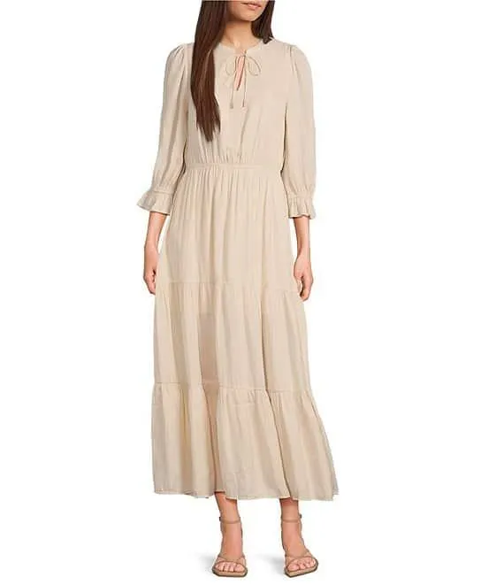 Split Tie Neck 3/4 Sleeve Tiered Ruffle Maxi Dress
