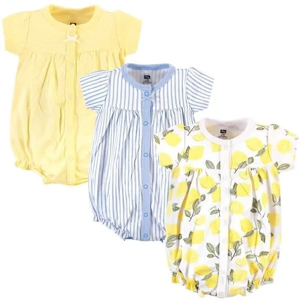 Hudson Baby Infant Girl Cotton Rompers 3pk, Lemon