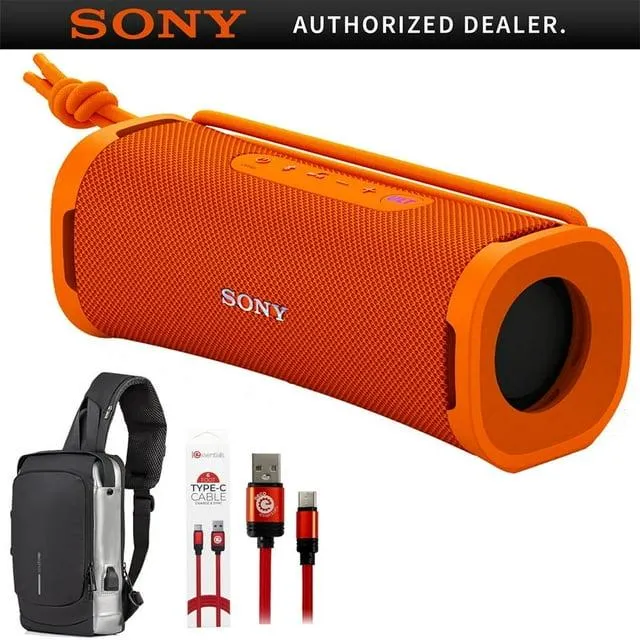 Sony (SRS-ULT10D) EXTRA BASS Portable Bluetooth Speaker (2024), Orange Bundle with Deco Essentials Sling Backpack, Anti-Theft Combo Zipper Lock + 6FT Braided Type-C Charge & Sync USB Cable