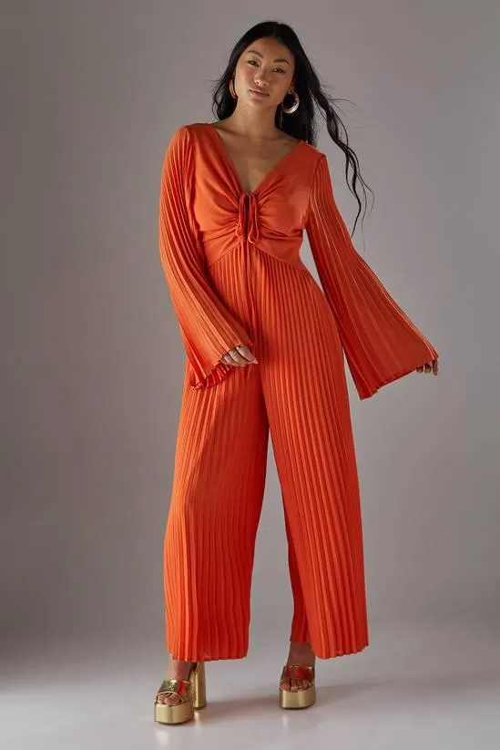 Petite Chiffon Pleated Keyhole Flared Sleeve Jumpsuit