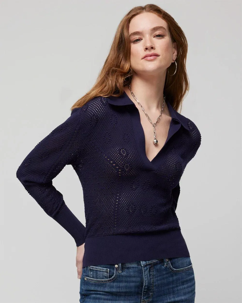 Stitchy V-Neck Polo Collar Pullover