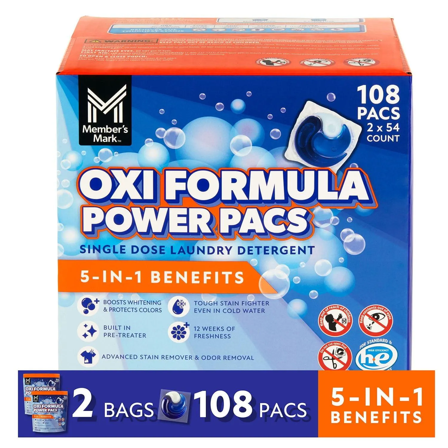 Member's Mark 5-in-1 Oxi Formula Power Pacs, 108 ct.