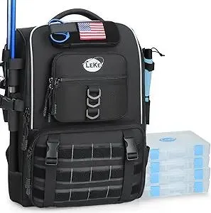 Lekesky Fishing Backpack with 4 Tackle Boxes, 40L Tackle Bag with Rod Holders, Tactical Storage Gear for Men, Black