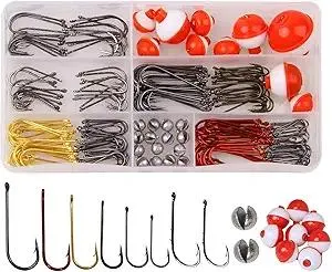 Fishing Tackle Box Kit Beginners Equipment, 215pcs Include Fishing Hooks, Bobbers, Split Shot Sinker Weights, Starter Kit for Artificial and Live Baits Trout Panfish