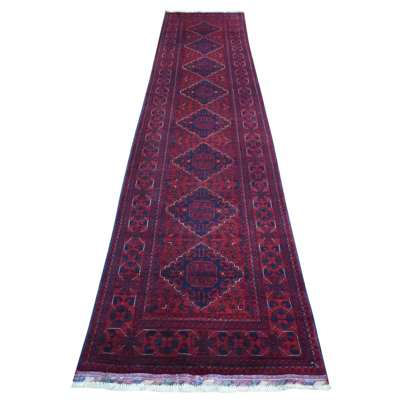 2'7"x13' Deep Red, Afghan Khamyab, Soft Wool Hand Knotted Runner Rug