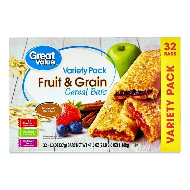 Great Value Fruit & Grain Cereal Bars, Variety Pack, 1.3 oz, 32 Count