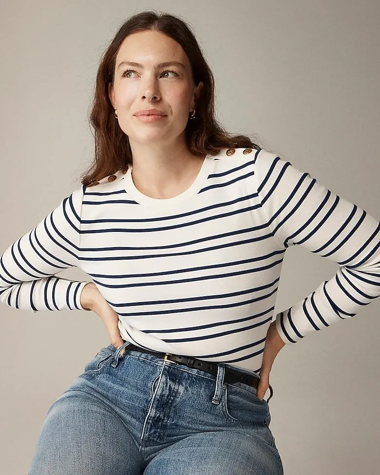 Perfect-fit long-sleeve crewneck T-shirt with lion buttons in stripe