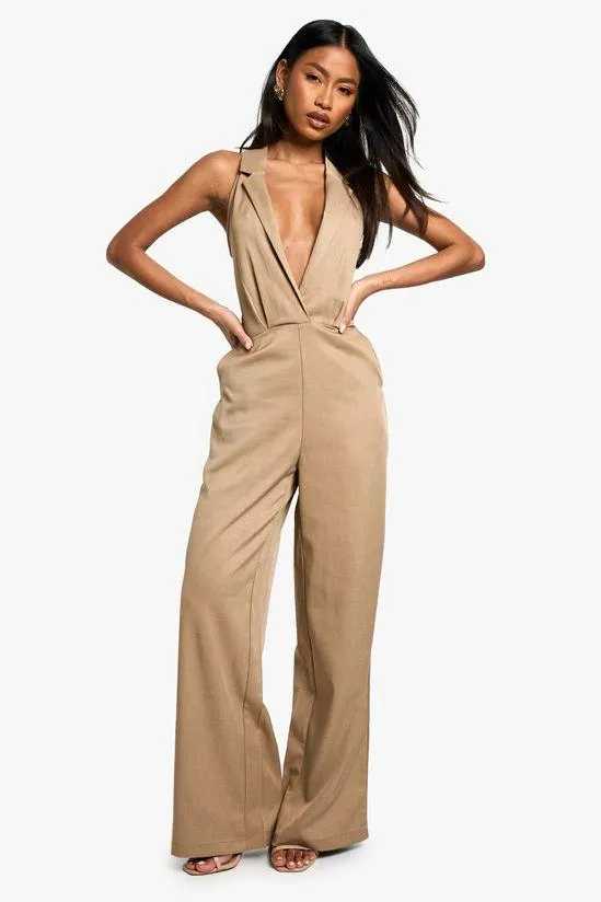 Tailored Plunge Wide Leg Jumpsuit