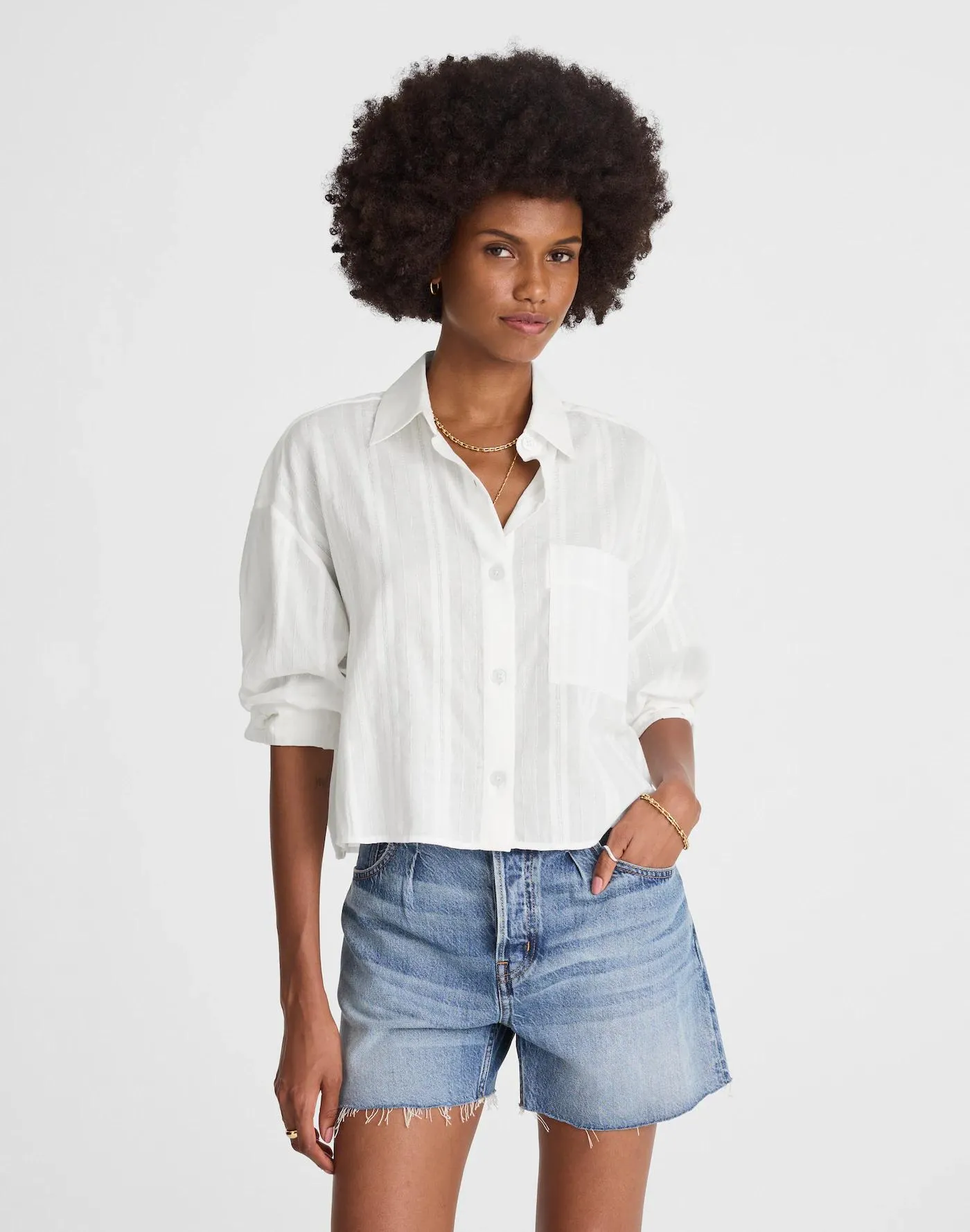 Straight-Hem Shirt in Cotton Dobby