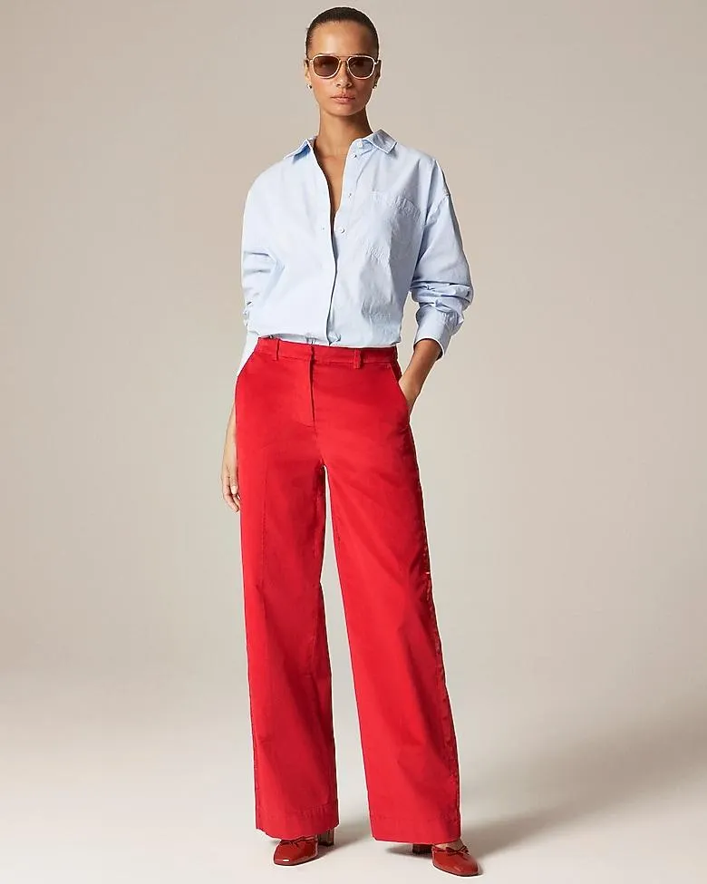 Wide-leg trouser with satin stripe in washed velvet