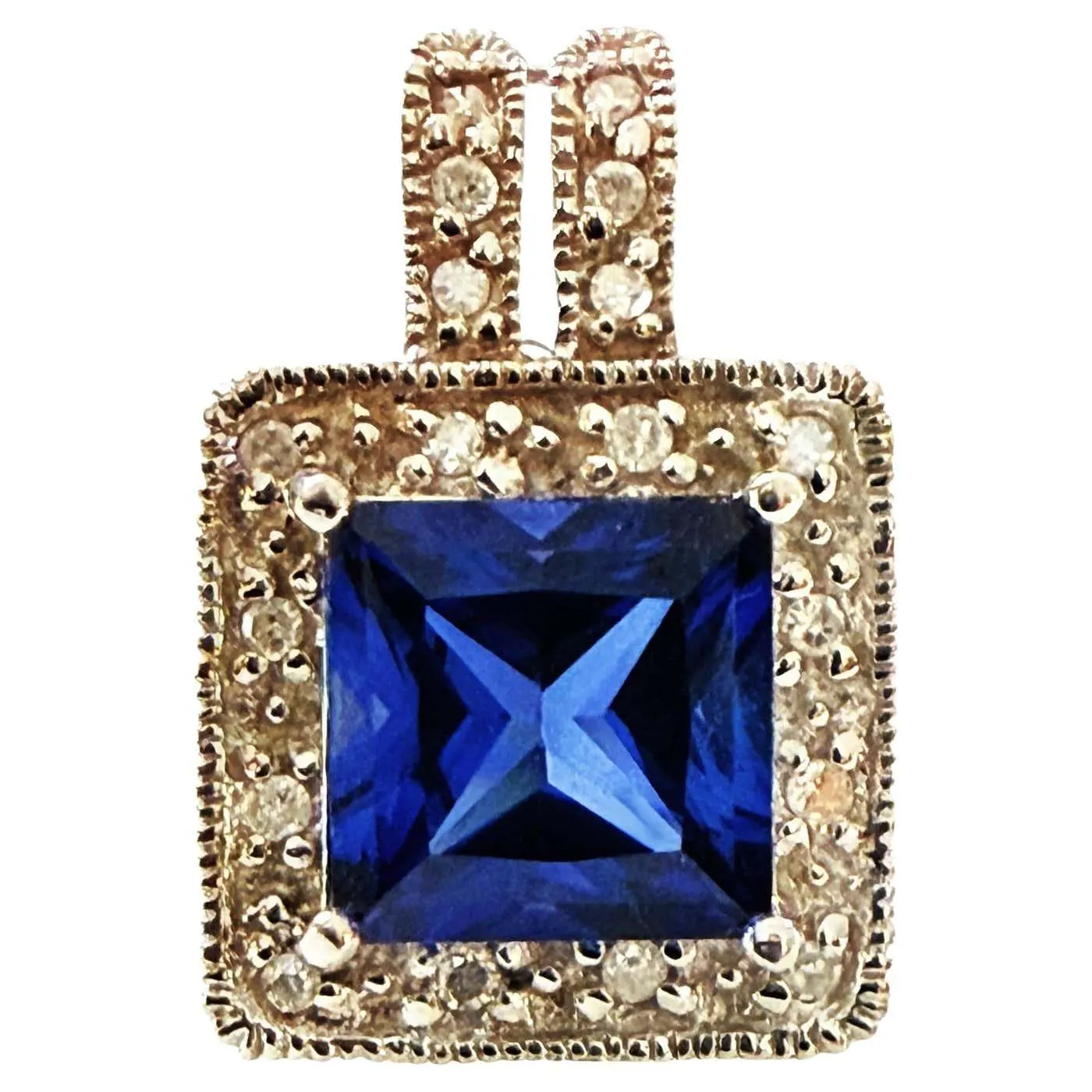 10k White Gold 1.9 Carat Square Radiant cut Sappire, .26 Carat Diamond Necklace