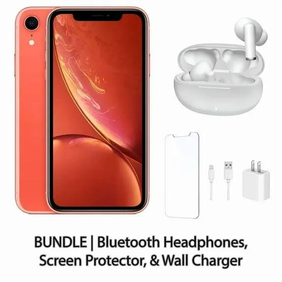 Restored Apple iPhone XR 128GB Coral Fully Unlocked Bundle: Bluetooth Headphones, Screen Protector, & Wall Charger (Refurbished)