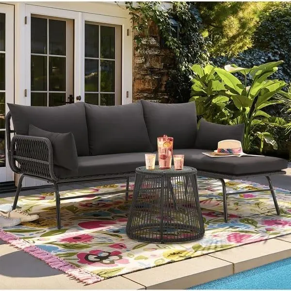 EROMMY 3 Pieces L-Shaped Sectional Wicker Conversation Sets with Cushions and Glass Table